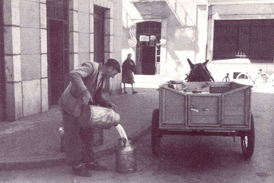 Repartiendo leche en un carro llevado por un burro en 1956 / Lolo Campi