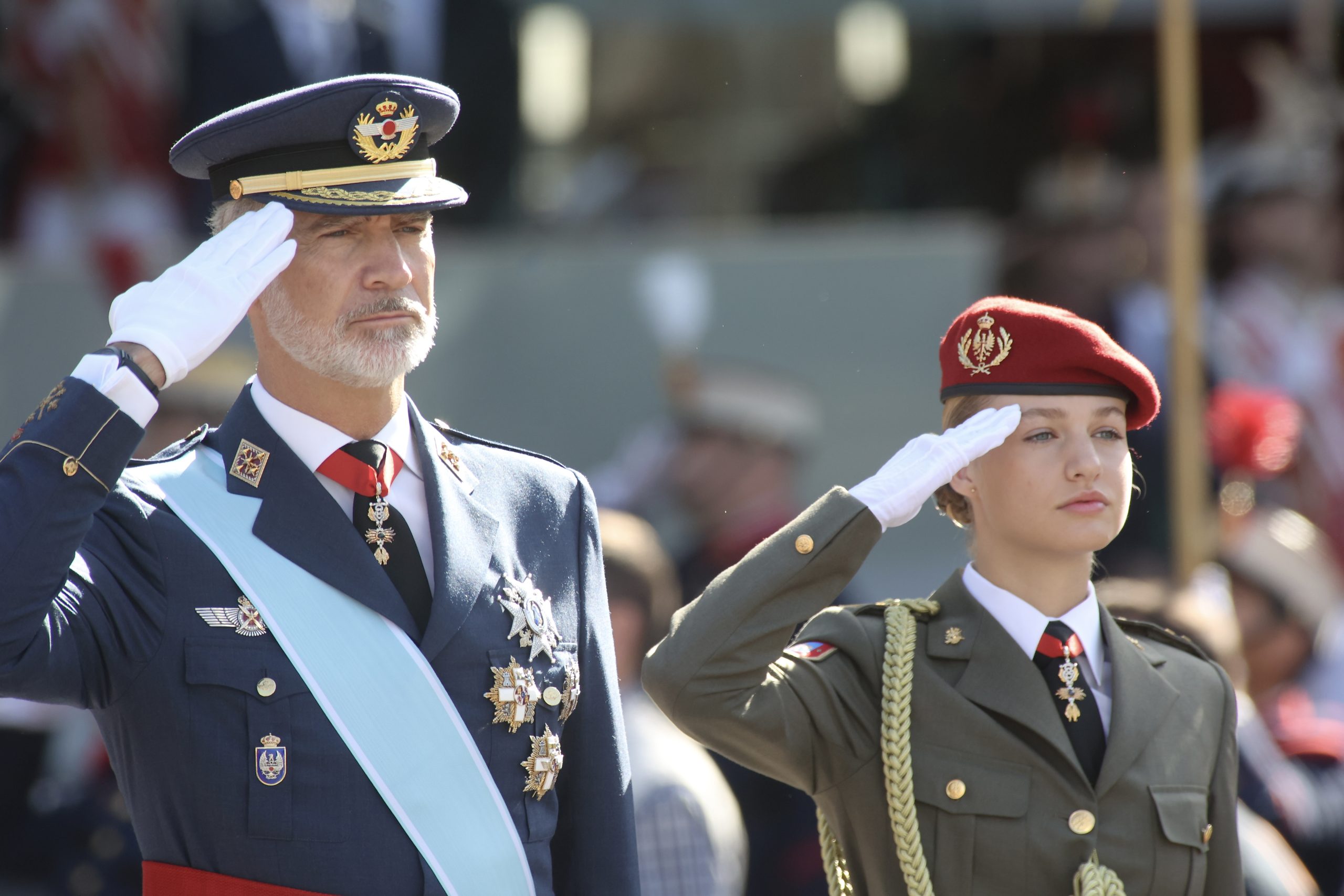 Celebración del Día de la Fiesta Nacional con el acto de homenaje a la Bandera Nacional y el desfile militar que presiden sus majestades los reyes, don Felipe y doña Letizia, junto a su alteza real la princesa de Asturias