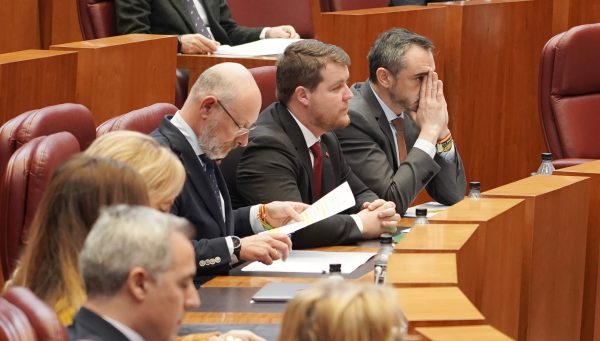 El portavoz del Grupo Parlamentario Vox, David Hierro, junto a los procuradores de su grupo, durante la segunda jornada del Pleno de las Cortes de Castilla y León